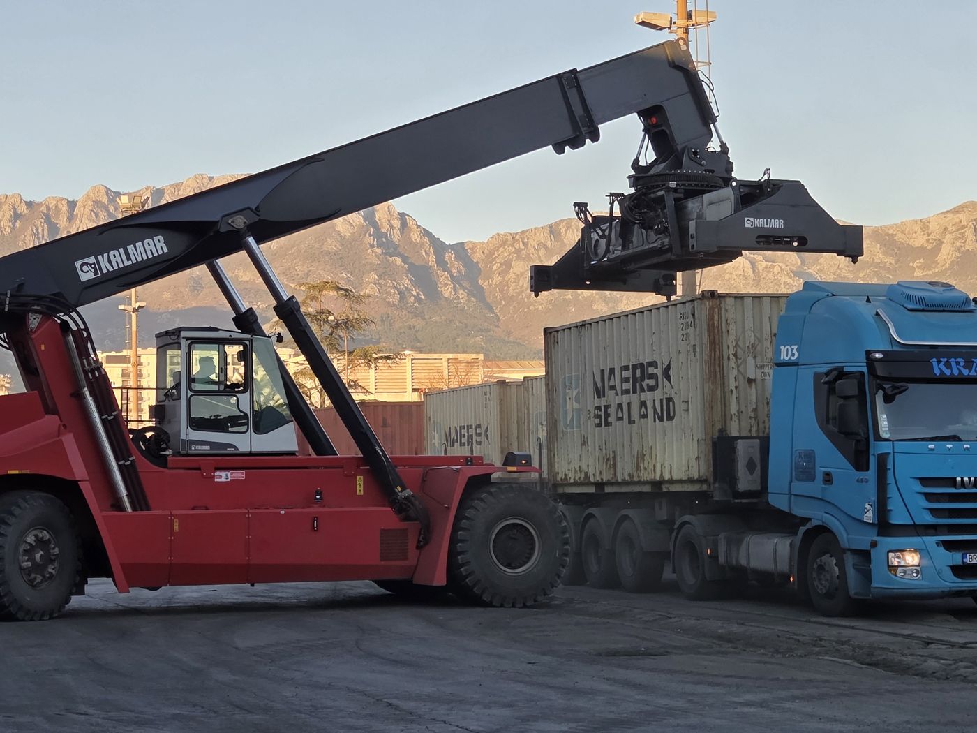 Container being loaded onto a truck in the Port of Bar